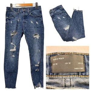 Zara Men’s Distressed Skinny Jeans | Blue | Button Fly | Cropped | Sz 30